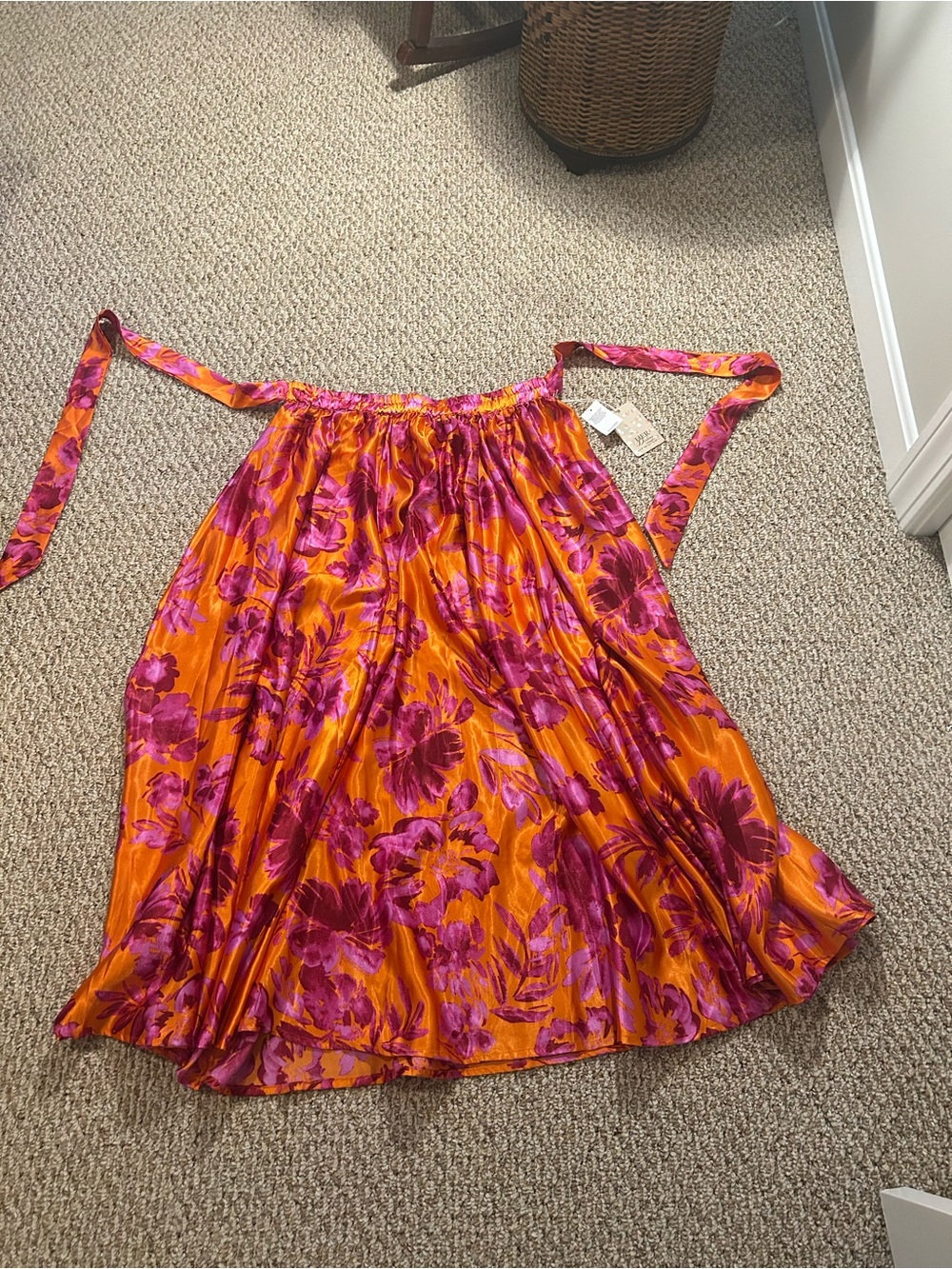 Vibrant Orange Floral Circle Skirt with Pink Blossoms
